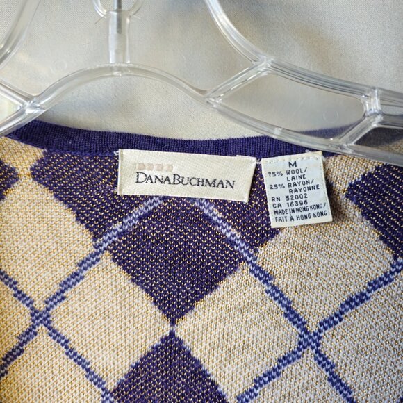 Dana Buchman Purple/Cream/Gold Wool Argyle V-neck Sweater Medium - Picture 3 of 9